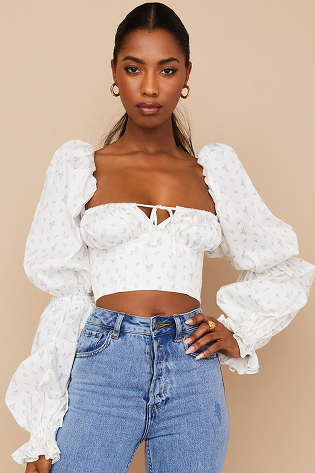 'Millicent' White Floral Cropped Corset Top